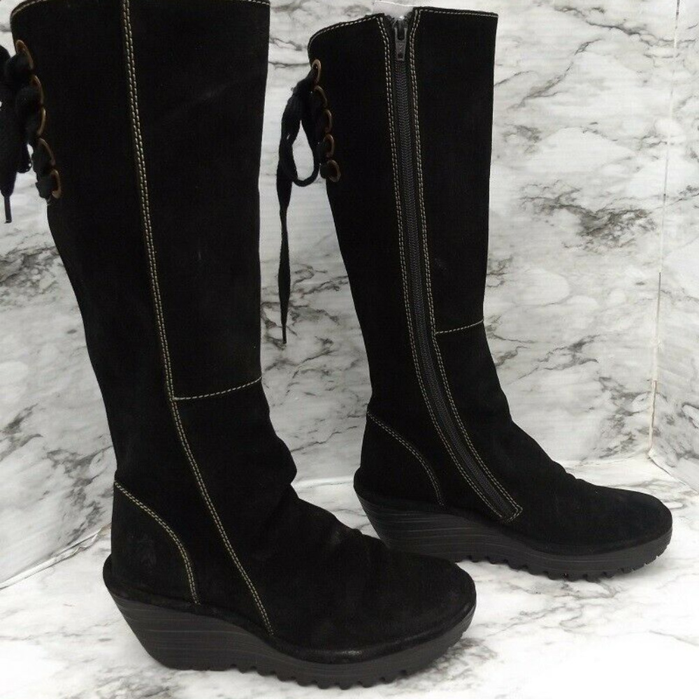 NEW FLY London Suede Tall Wedge Boots Yust EU 37